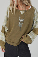 Load image into Gallery viewer, Plaid Patch Waffle Knit Exposed Seam Bubble Sleeve Top