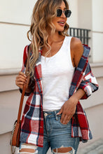 Load image into Gallery viewer, Red Hooded Plaid Button Front Shacket