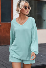 Load image into Gallery viewer, Mist Blue Corded V Neck Slouchy Top Pocketed Shorts Set