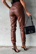Load image into Gallery viewer, Brown Smocked High-Waist Leather Skinny Pants