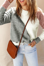 Load image into Gallery viewer, Gray Colorblock Ribbed Trim Round Neck Sweater