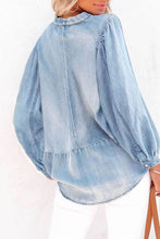 Load image into Gallery viewer, Sky Blue Split V-Neck Balloon Sleeve Ruched Denim Top
