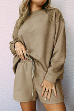 Load image into Gallery viewer, Apricot khaki Textured Long Sleeve Top and Drawstring Shorts Set
