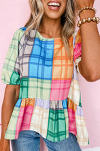 Load image into Gallery viewer, Multicolor Bold Plaid Color Block Puff Sleeve Peplum Top