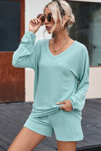 Load image into Gallery viewer, Mist Blue Corded V Neck Slouchy Top Pocketed Shorts Set