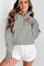 Load image into Gallery viewer, Gray Zip Up Stand Collar Ribbed Thumbhole Sleeve Sweatshirt