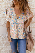 Load image into Gallery viewer, Khaki Crisscross V Neck Ruffle Sleeve Printed Flowy Blouse