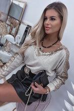 Load image into Gallery viewer, Khaki Sequin Patchwork V Neck Long Sleeve Top