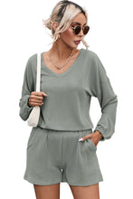 Load image into Gallery viewer, Grass Green Corded V Neck Slouchy Top Pocketed Shorts Set