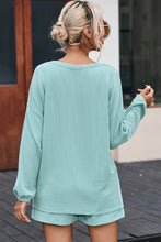 Load image into Gallery viewer, Mist Blue Corded V Neck Slouchy Top Pocketed Shorts Set