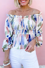 Load image into Gallery viewer, Abstract Print Frill Off Shoulder Bubble Sleeve Blouse