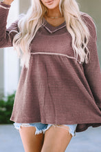 Load image into Gallery viewer, Pink Waffle Knit V Neck Long Sleeve Babydoll Top