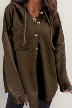 Load image into Gallery viewer, Dark Brown Button Up Contrast Knitted Sleeves Hooded Jacket