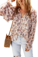 Load image into Gallery viewer, Boho Floral Print Split V Neck Bubble Sleeve Blouse