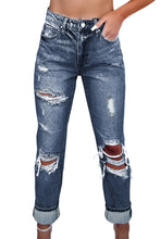 Load image into Gallery viewer, Navy Blue Light Wash Frayed Slim Fit High Waist Jeans