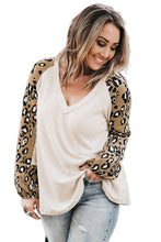 Load image into Gallery viewer, Beige Printed Plus Size Waffle Knit Contrast Leopard Long Sleeve Top