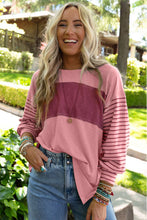Load image into Gallery viewer, Peach Blossom Colorblock Striped Bishop Sleeve Top