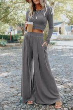 Load image into Gallery viewer, Gray Solid Color Ribbed Crop Top Long Pants Set