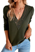 Load image into Gallery viewer, Green Lace Patchwork V Neck Waffle Knit Top