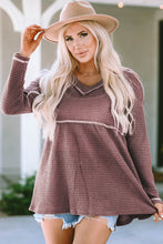 Load image into Gallery viewer, Pink Waffle Knit V Neck Long Sleeve Babydoll Top