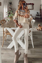 Load image into Gallery viewer, Khaki Geometric Pattern Ribbed Trim High Neck Sweater