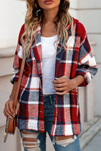 Load image into Gallery viewer, Red Hooded Plaid Button Front Shacket