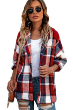 Load image into Gallery viewer, Red Hooded Plaid Button Front Shacket