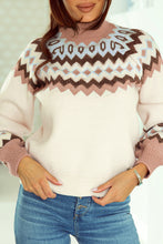 Load image into Gallery viewer, Khaki Geometric Pattern Ribbed Trim High Neck Sweater
