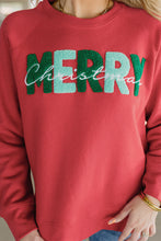 Load image into Gallery viewer, Fiery Red Chenille MERRY Christmas Raglan Sleeve Sweatshirt