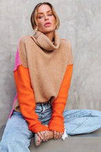 Load image into Gallery viewer, Khaki Color Block Turtle Neck Drop Shoulder Knit Sweater