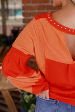 Load image into Gallery viewer, Red Studded V Neckline Exposed Seam Textured Knit Top