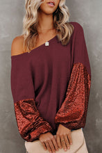 Load image into Gallery viewer, Biking Red Sequin Patchwork Sleeve Open Back Waffle Knit Top