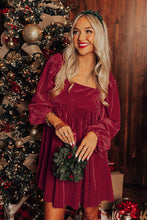 Load image into Gallery viewer, Red Tie Back Square Neck Velvet Babydoll Dress