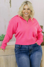Load image into Gallery viewer, Rose Solid Ribbed Trim Plus Size Zip Collar Sweater