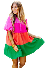 Load image into Gallery viewer, Multicolor Color Block Tiered Puff Sleeve Dress