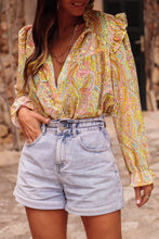 Load image into Gallery viewer, Yellow Paisley Print Ruffled Trim Boho Shirt