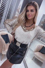 Load image into Gallery viewer, Khaki Sequin Patchwork V Neck Long Sleeve Top