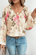 Load image into Gallery viewer, Beige Floral Print Lantern Sleeve V-Neck Blouse