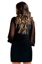 Load image into Gallery viewer, Dotted Mesh Striped Frilled Neck Bubble Sleeve Dress