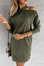 Load image into Gallery viewer, Green Single Cold Shoulder T-shirt Dress with Slits
