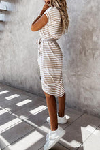 Load image into Gallery viewer, Khaki Stripe Short Sleeve Belted Wrapped Hemline T-Shirt Dress