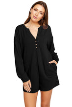 Load image into Gallery viewer, Black Brushed Ribbed Button Split V Neck Long Sleeve Romper