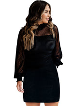 Load image into Gallery viewer, Dotted Mesh Striped Frilled Neck Bubble Sleeve Dress