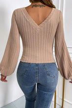 Load image into Gallery viewer, Khaki Knitted Jacquard V Neck Lantern Sleeve Top