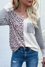 Load image into Gallery viewer, Leopard Patchwork Ribbed Color Block V Neck Top