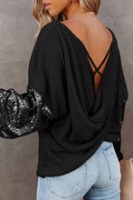 Load image into Gallery viewer, Black Sequin Patchwork Sleeve Open Back Waffle Knit Top