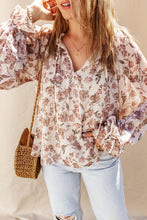 Load image into Gallery viewer, Boho Floral Print Split V Neck Bubble Sleeve Blouse