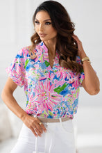 Load image into Gallery viewer, Abstract Floral Print Notch V Neck Rolled Short Sleeve Blouse