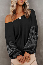 Load image into Gallery viewer, Black Sequin Patchwork Sleeve Open Back Waffle Knit Top