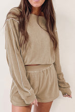 Load image into Gallery viewer, Khaki Piping Trim Long Sleeve Terry Shorts Set